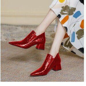 YDN Red Sexy Pointed Toe Ankle Boots Chunky Low Heel Booties Pull on Shoe